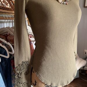 Free People Olive Green Embroidered Women's Top